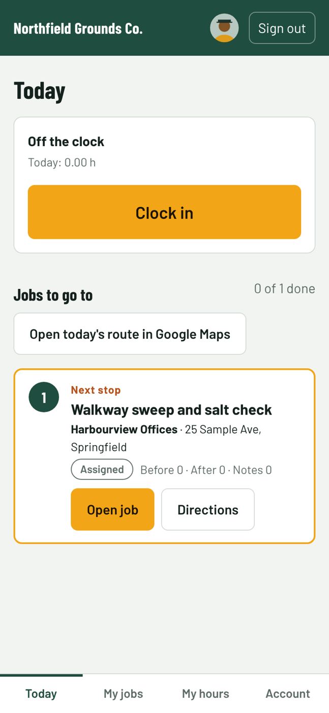 Crew app showing today's route, the next stop and a clock-out button