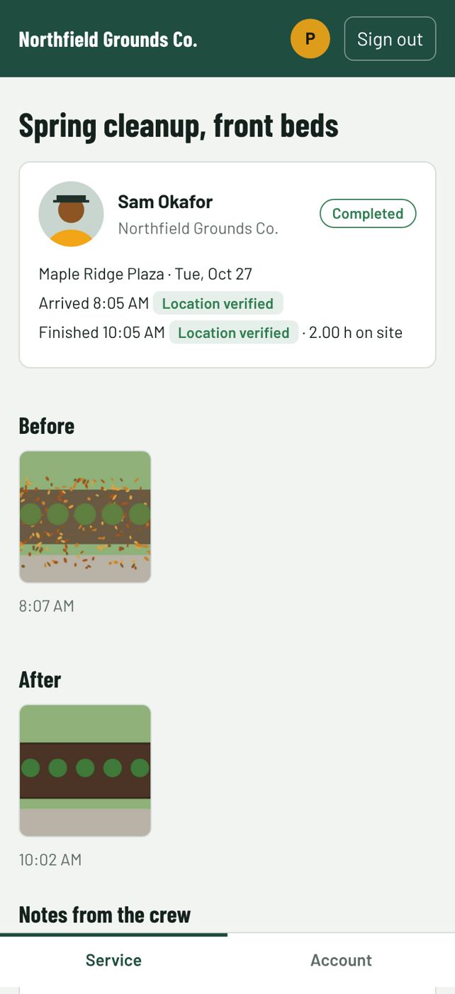 Customer portal showing a completed visit with verified arrival time and before and after photos