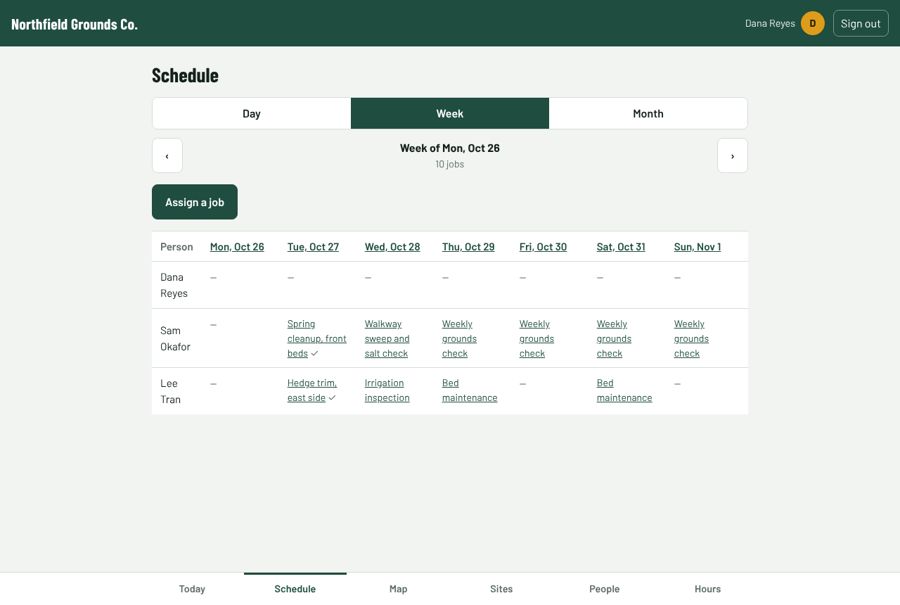 Owner schedule showing each crew member's jobs for the week