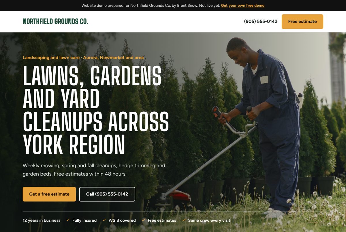 Sample demo website for a landscaping company, with a crew photo, headline and free estimate buttons