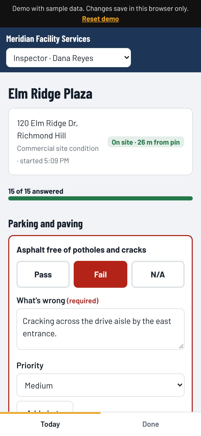Inspection screen with a failed item, its note and priority