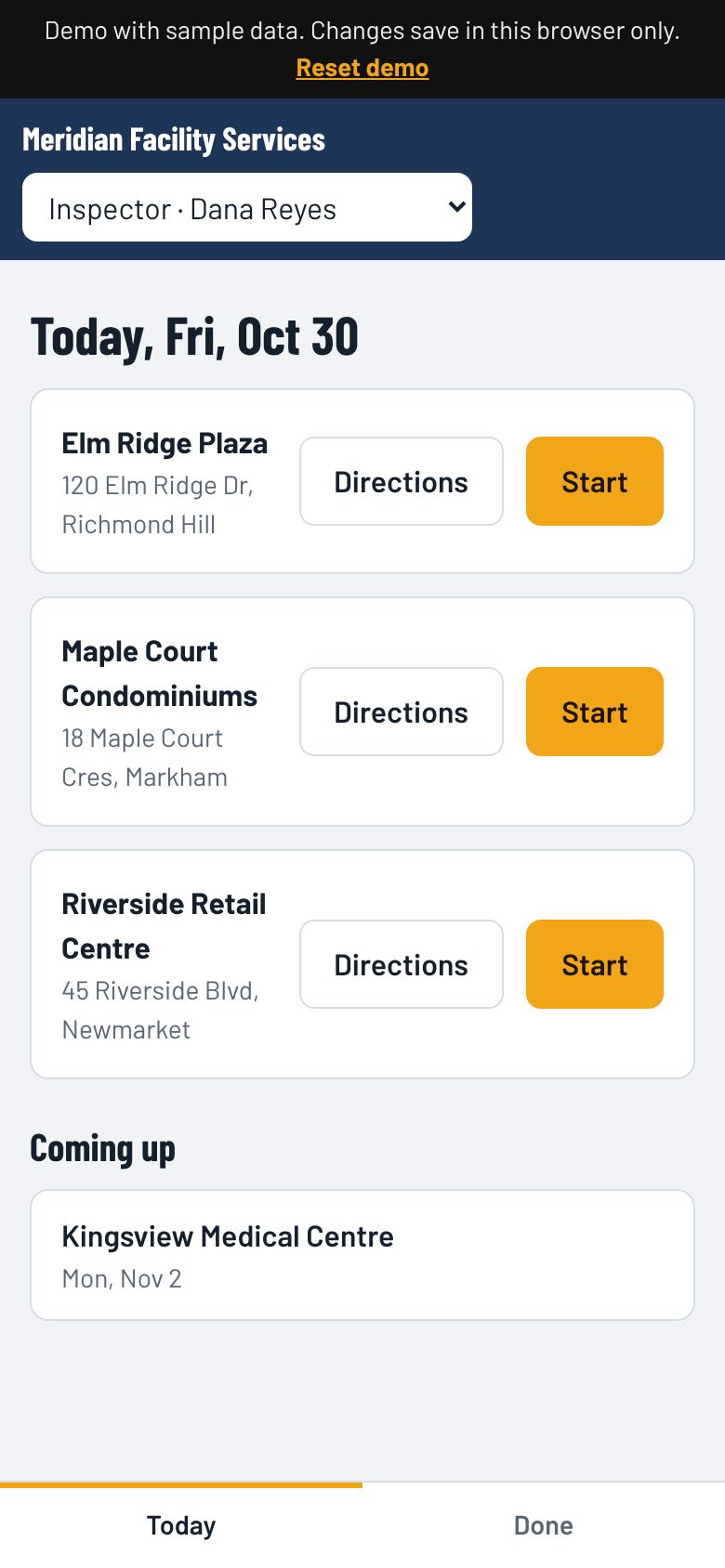 Inspector's list of today's sites with Directions and Start buttons