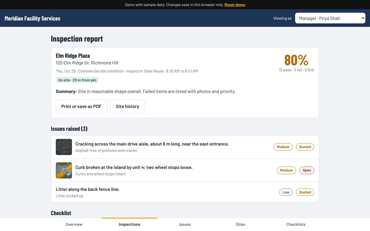Inspection report with score, location check, summary and issues raised